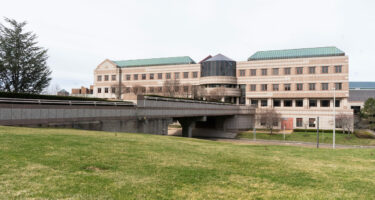 A wide shot of the legislative office building in downtown Hartford.